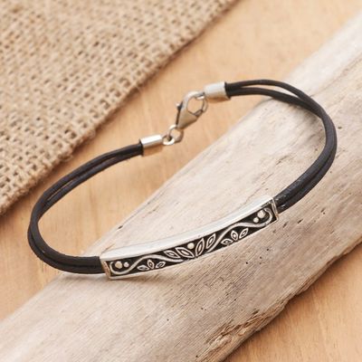 Alternate image for Leather Bracelet with Sterling Silver Pendant Flowering Plant