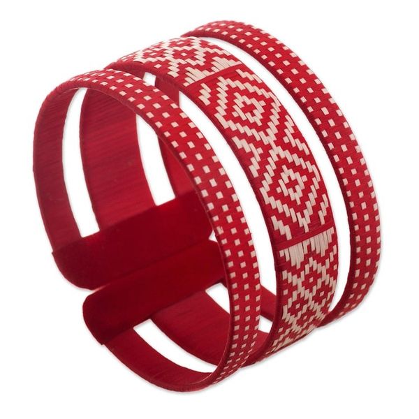 Alternate image for Natural Fiber Red and Off-White Cuff Bracelet from Colombia Harvest Weave