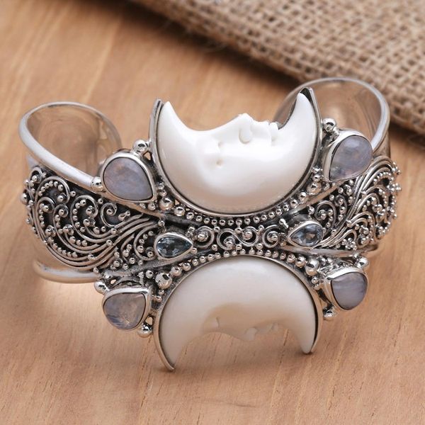 Alternate image for Rainbow Moonstone and Blue Topaz Cuff Bracelet from Bali Moon Duo
