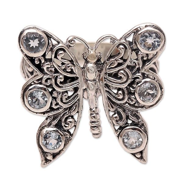 Alternate image for Balinese Cocktail Ring with Blue Topaz Pretty Butterfly in Blue