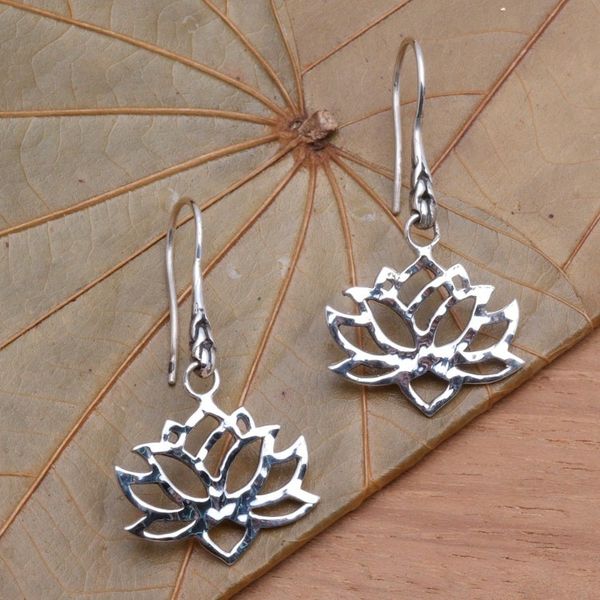 Alternate image for Handcrafted Sterling Silver Lotus Blossom Dangle Earrings Lotus Silhouette