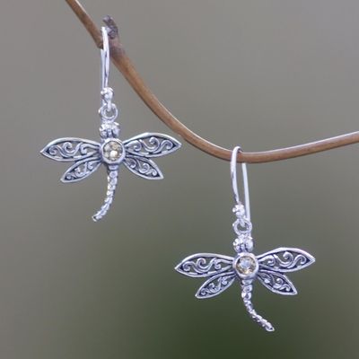 Alternate image for Sterling Silver Citrine Dangle Earrings Enchanted Dragonfly