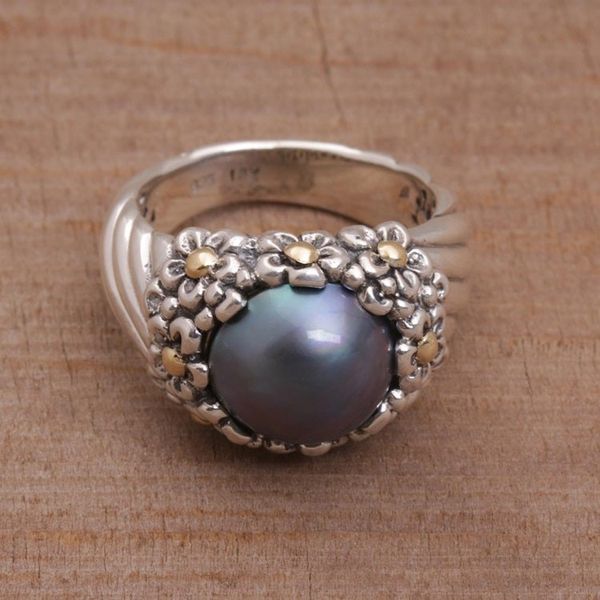 Alternate image for Blue Cultured Pearl Cocktail Ring with Floral Motifs Dusky Daisy