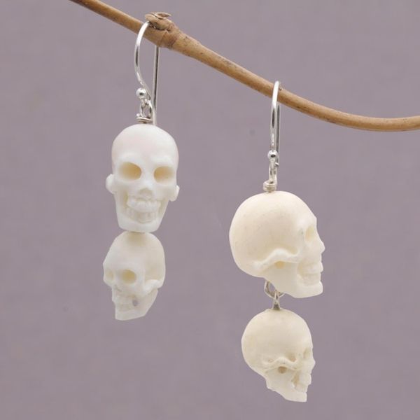 Alternate image for Handcrafted Bone Skull Dangle Earrings from Bali Trunyan Skulls
