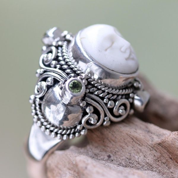 Alternate image for Peridot Statement Ring in Silver and Hand Carved Bone Quiet Dreams