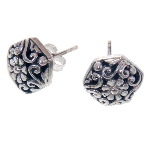 Alternate image for Hexagonal Sterling Silver Button Earrings with Daisy Motif Daisy
