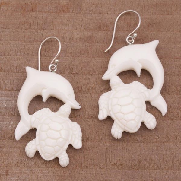 Alternate image for Bone Dangle Earrings with Dolphin and Tortoise Theme Friends Among the Waves
