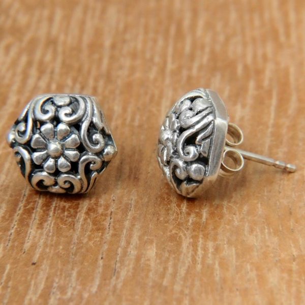 Alternate image for Hexagonal Sterling Silver Button Earrings with Daisy Motif Daisy