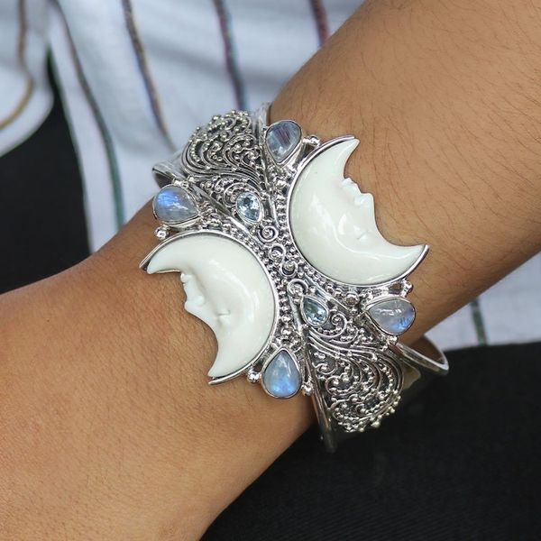 Alternate image for Rainbow Moonstone and Blue Topaz Cuff Bracelet from Bali Moon Duo