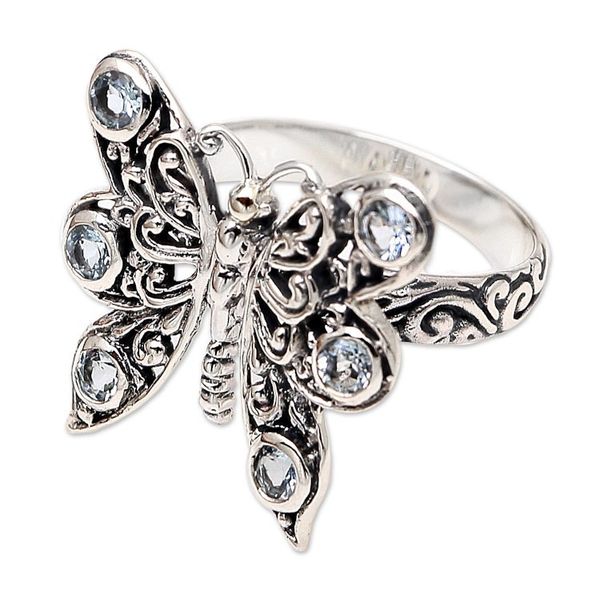 Alternate image for Balinese Cocktail Ring with Blue Topaz Pretty Butterfly in Blue