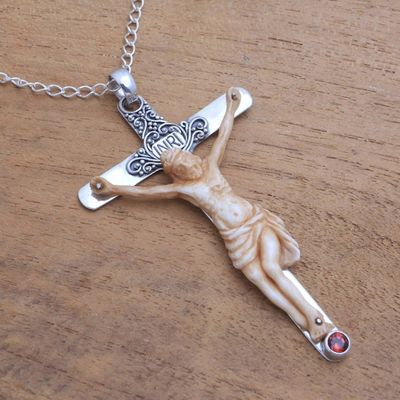 Alternate image for Garnet and Bone Crucifix Pendant Necklace from Bali INRI Crucifix
