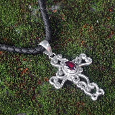 Alternate image for Sterling Silver and Garnet Religious Necklace Balinese Cross