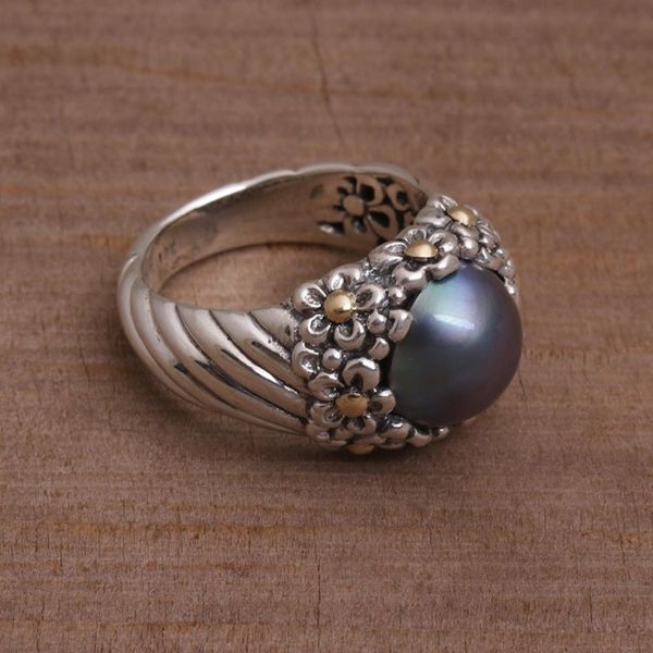 Alternate image for Blue Cultured Pearl Cocktail Ring with Floral Motifs Dusky Daisy