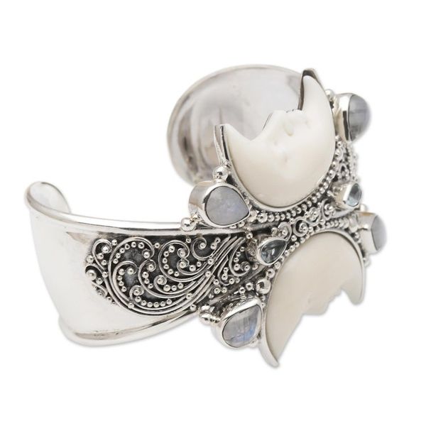 Alternate image for Rainbow Moonstone and Blue Topaz Cuff Bracelet from Bali Moon Duo