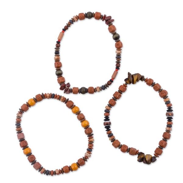 Alternate image for Set of 3 Tigers Eye and Ceramic Beaded Bracelets from Peru Andean Temples