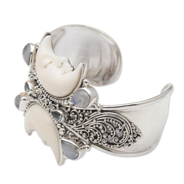 Alternate image for Rainbow Moonstone and Blue Topaz Cuff Bracelet from Bali Moon Duo