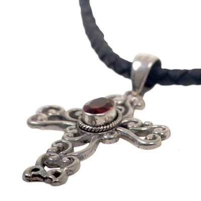 Alternate image for Sterling Silver and Garnet Religious Necklace Balinese Cross