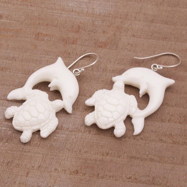 Alternate image for Bone Dangle Earrings with Dolphin and Tortoise Theme Friends Among the Waves