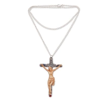 Alternate image for Garnet and Bone Crucifix Pendant Necklace from Bali INRI Crucifix