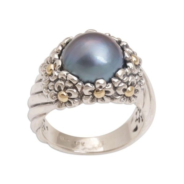 Alternate image for Blue Cultured Pearl Cocktail Ring with Floral Motifs Dusky Daisy