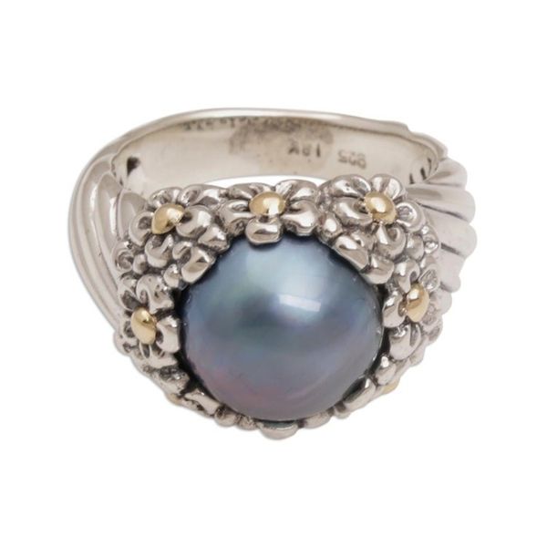 Alternate image for Blue Cultured Pearl Cocktail Ring with Floral Motifs Dusky Daisy