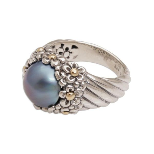 Alternate image for Blue Cultured Pearl Cocktail Ring with Floral Motifs Dusky Daisy