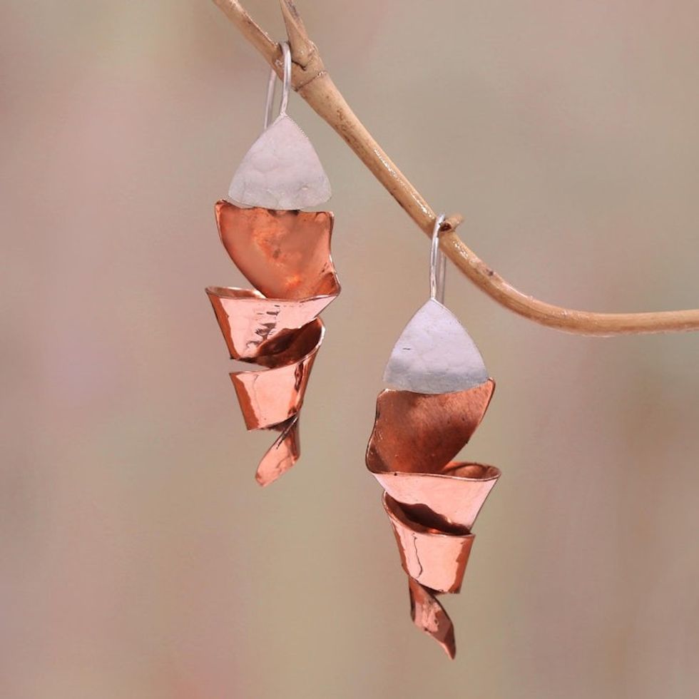 Sterling Silver and Copper Spiral Dangle Earrings from Bali 'Gleaming Ribbon Spiral'