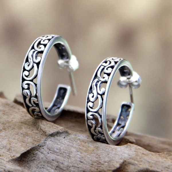Alternate image for Sterling Silver Half Hoop Earrings Bali Flora