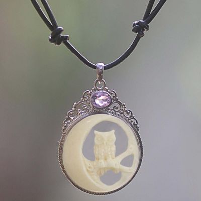 Alternate image for Bone Sterling Silver Amethyst Pendant Necklace Indonesia Nighttime Owl