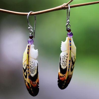 Alternate image for Hand-Carved Feather Dangle Earrings with Amethyst Delightful Feathers
