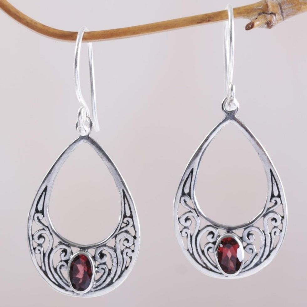 Garnet and 925 Silver Spiral Dangle Earrings from Bali 'Elegant Tears'
