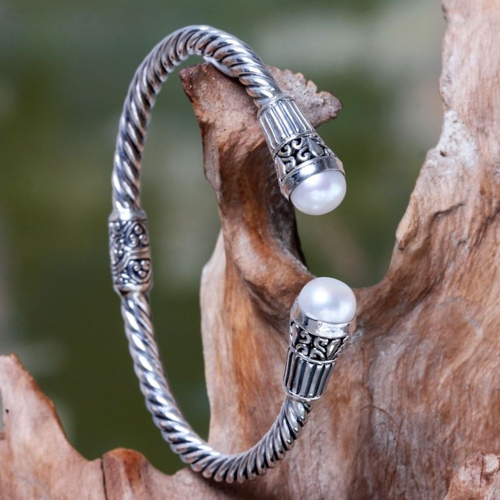 Sterling Silver Hinged Cuff Bracelet with Pearls 'Moonlit Promenade'