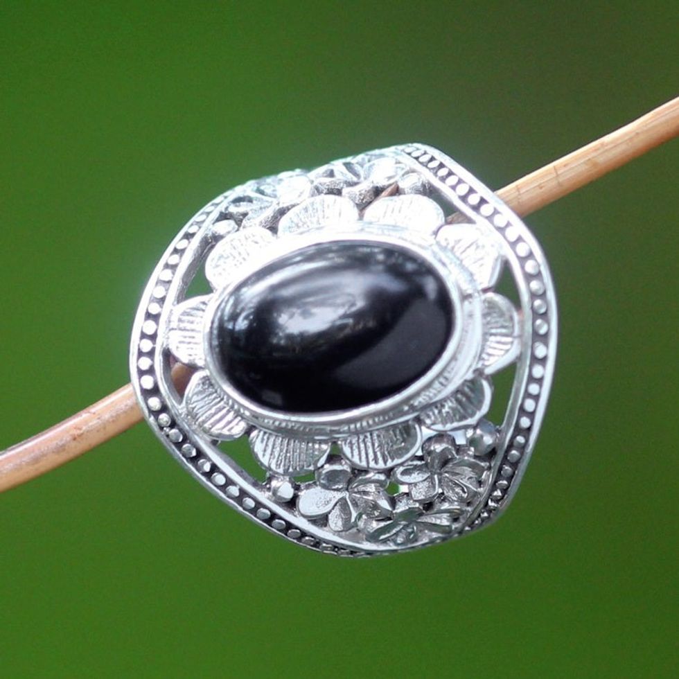 Unique Sterling Silver and Onyx Cocktail Ring 'Frangipani Mystery'