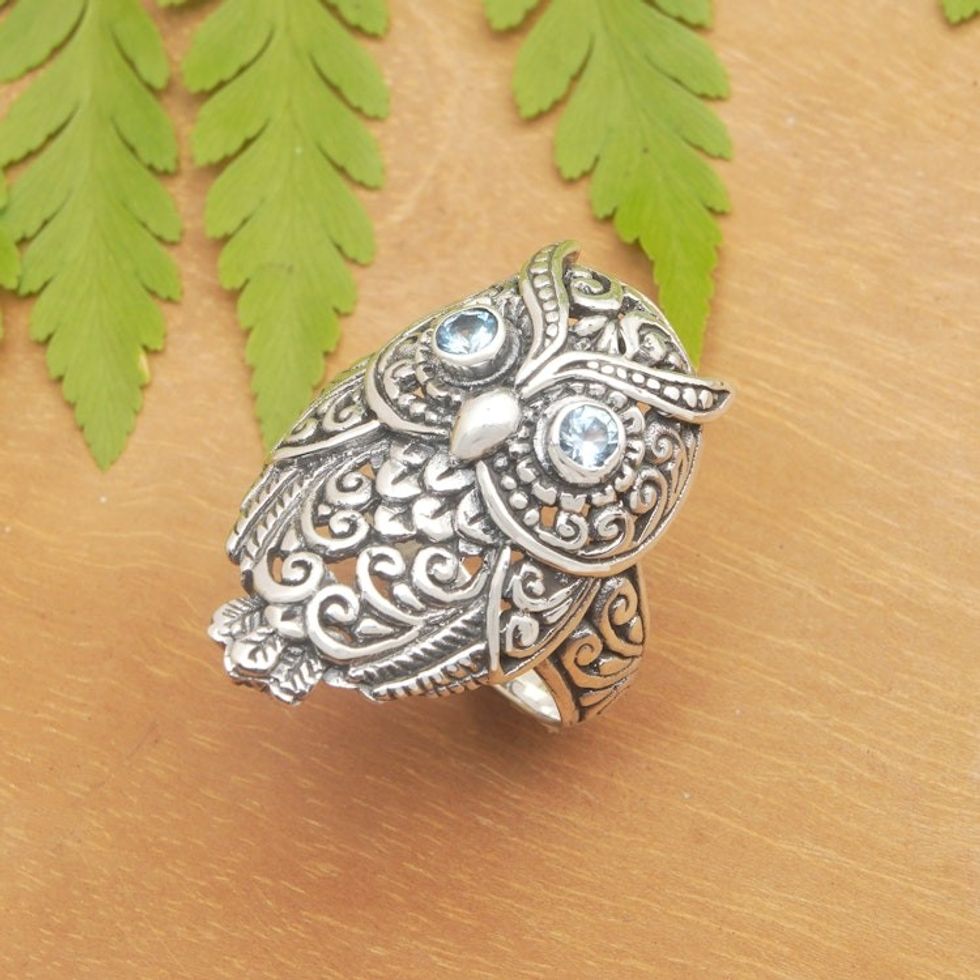 Owl-Themed Cocktail Ring with Faceted Blue Topaz Jewels 'Loyalty Feathers'