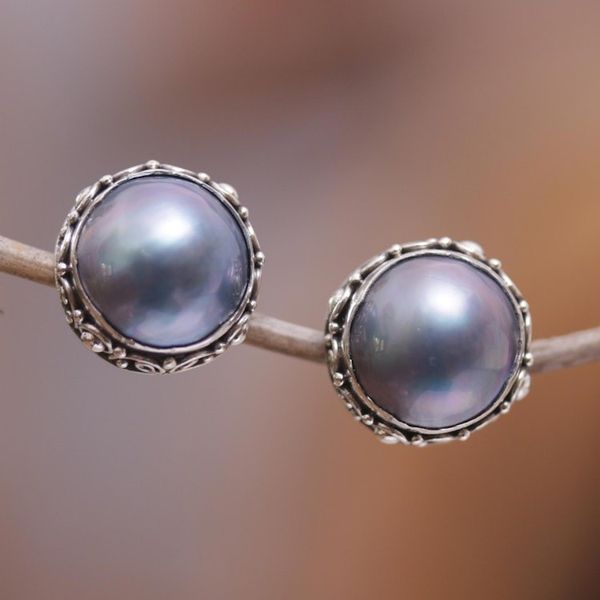 Alternate image for Balinese Sterling Silver Button Earrings with Blue Pearls Blue Pearl Trophy