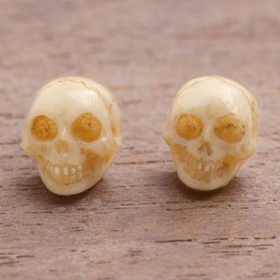 Alternate image for Hand-Carved Skull Bone Stud Earrings from Bali Faces of Trunyan