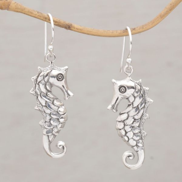 Alternate image for Seahorse Motif Dangle Earrings in Sterling Silver Friendly Seahorse