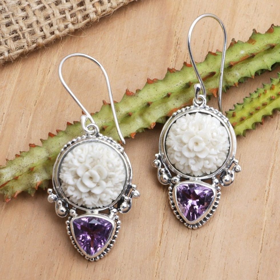 Sterling Silver Dangle Earrings with Faceted Amethyst Stones 'Purple Tamiang'