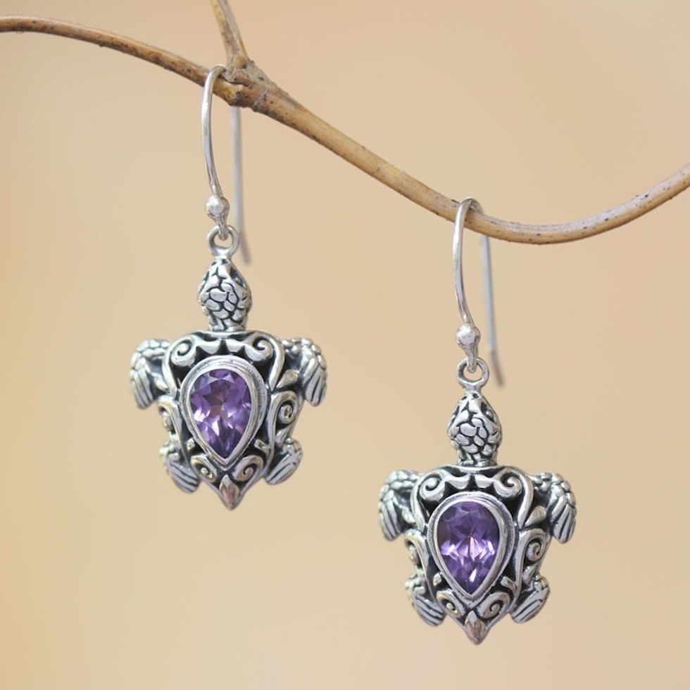 Sterling Silver Amethyst Openwork Sea Turtle Dangle Earrings 'Penyu Paradise'