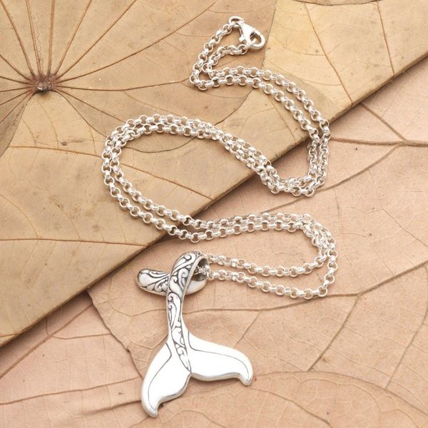 Alternate image for Sterling Silver Whale Tail Pendant Necklace Swim Away