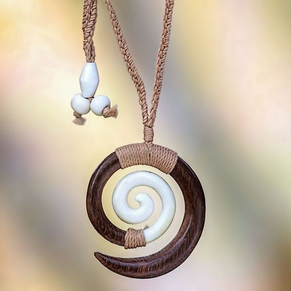 Alternate image for Hand Carved Wood and Bone Macrame Necklace Hypnotic Borneo