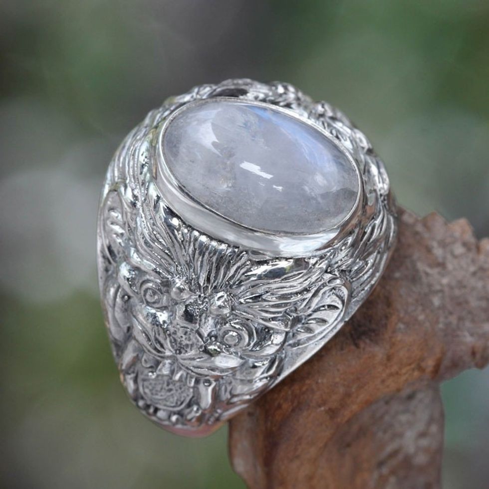 Men's Sterling Silver and Rainbow Moonstone Ring 'Lion's Charisma'