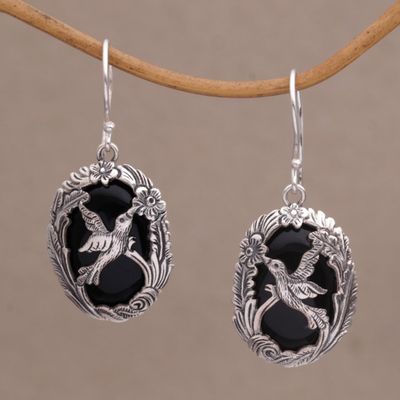 Alternate image for Onyx and 925 Silver Bird-Themed Dangle Earrings from Bali Natures Freedom