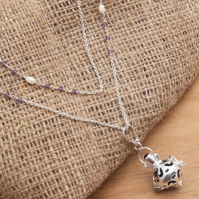 Alternate image for Bali Cultured Pearl  Amethyst Silver Harmony Ball Necklace Angelic Sound