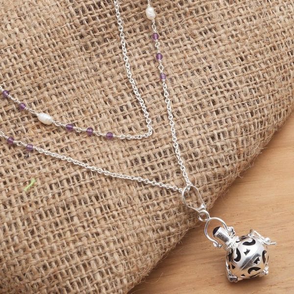 Alternate image for Bali Cultured Pearl Amethyst Silver Harmony Ball Necklace Angelic Sound