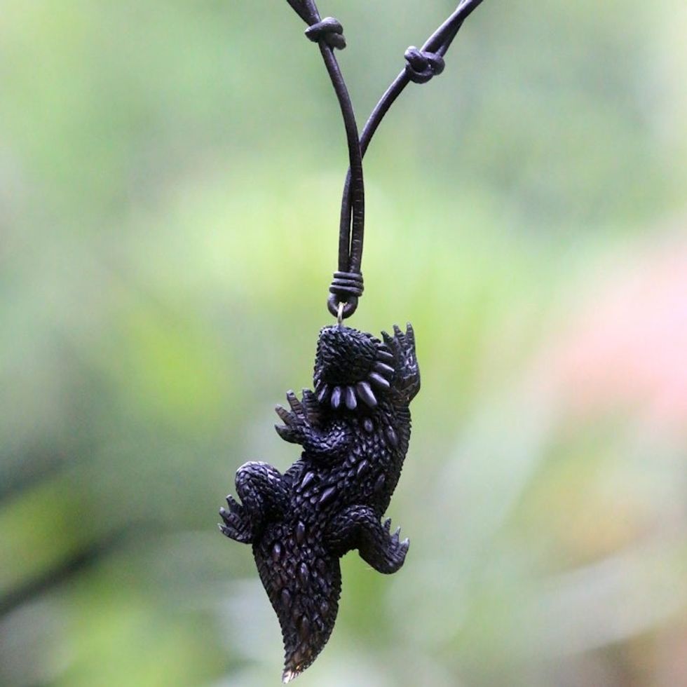 Hand Carved Indonesian Black Lizard Cow Bone Necklace 'Thorny Devil'