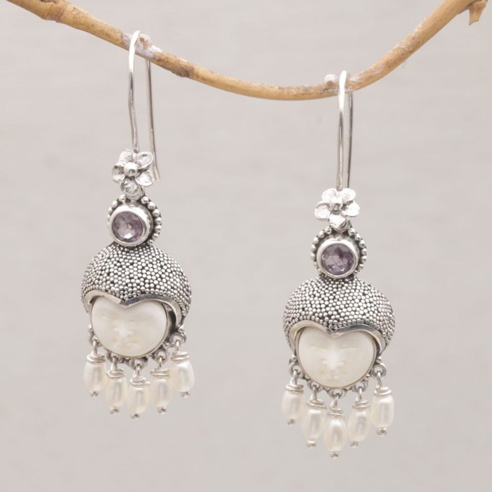 Amethyst and Cultured Pearl Dangle Earrings from Bali 'Sunshine Princes'