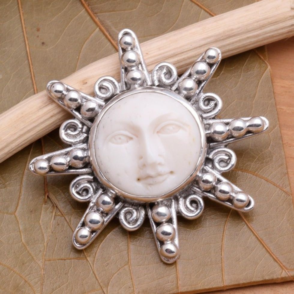 Carved Bone Sterling Silver Brooch Pin 'Smiling Moon'