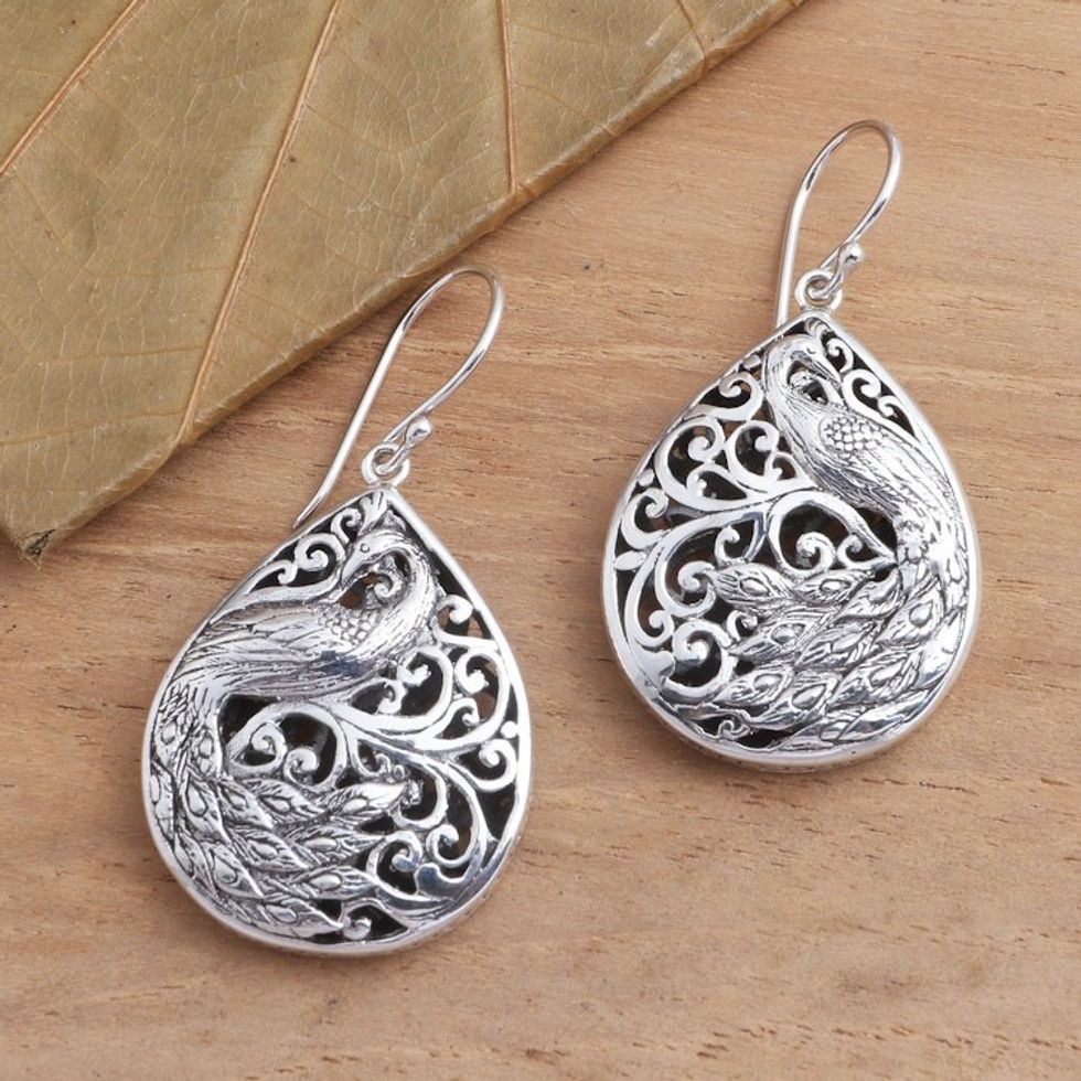 Sterling Silver Peacock Dangle Earrings 'Garden Peacocks'