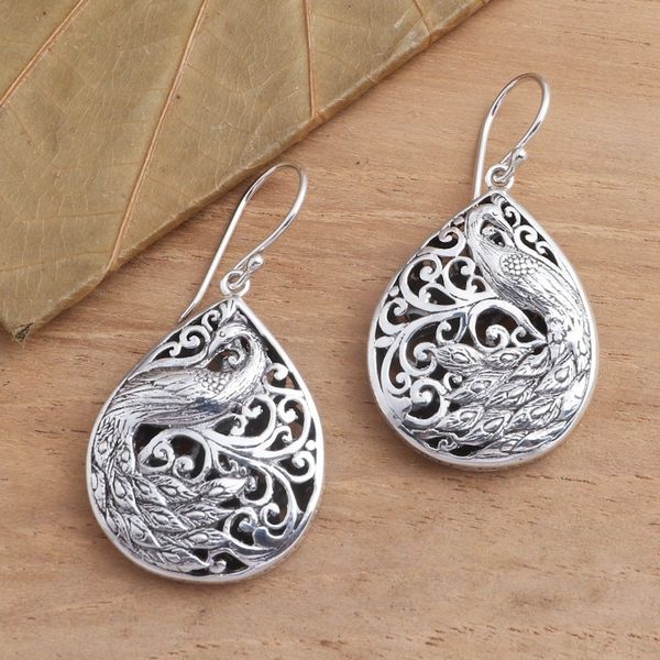 Alternate image for Sterling Silver Peacock Dangle Earrings Garden Peacocks